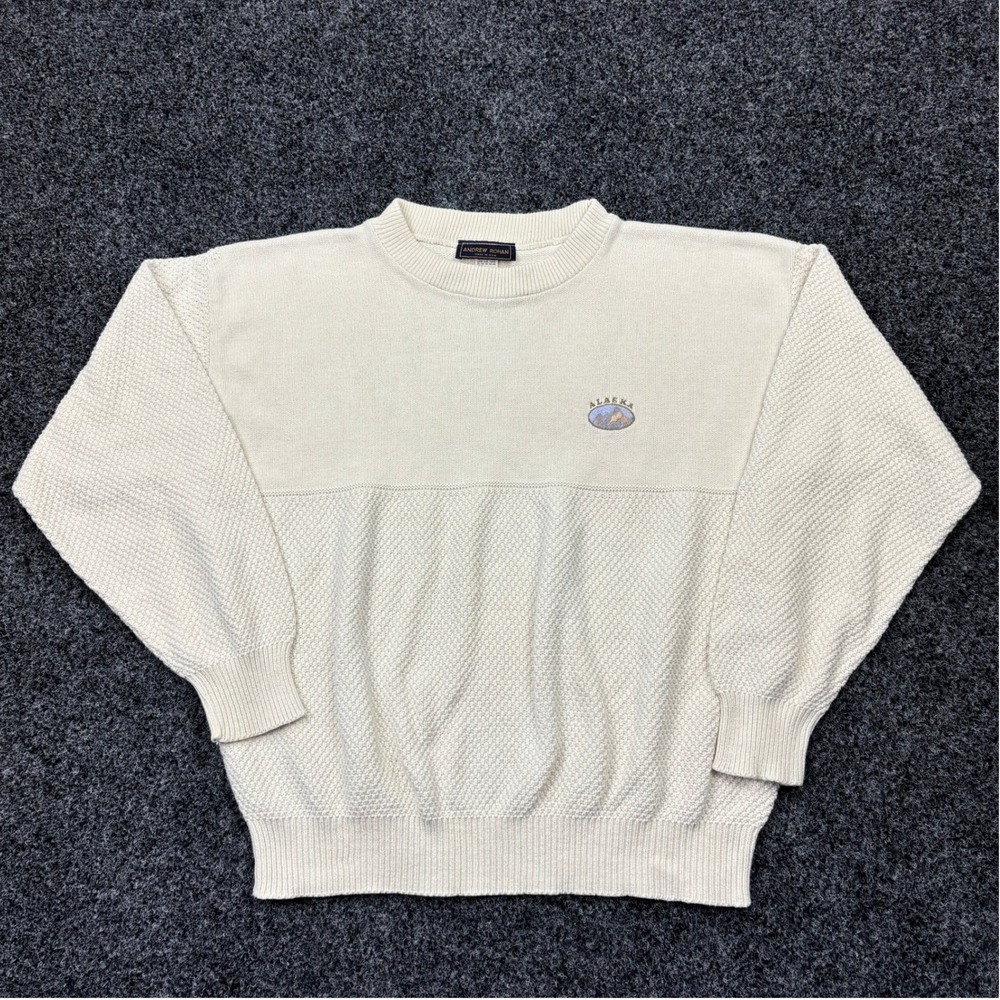 Vintage Andrew Rohan Sweater Mens Large Cream Cotton Knit Alaska USA Made 90s L